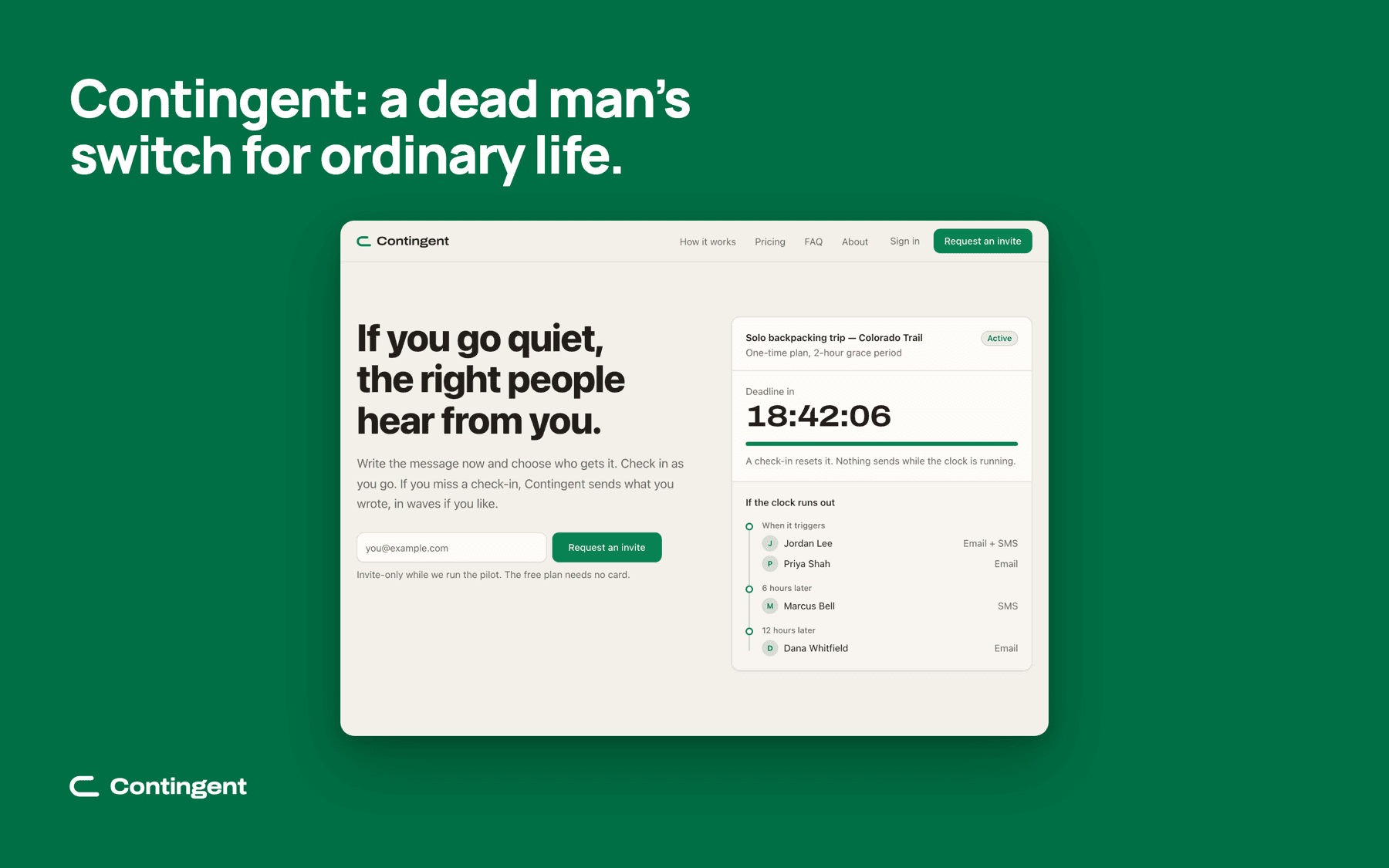 Public landing page hero ("If you go quiet, the right people hear from you.") with a live countdown and the waves of contacts beneath it