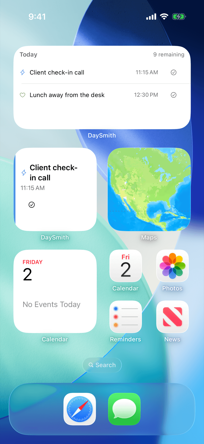 The Today's Timeline and Next Block widgets on the Home Screen, next to stock Apple widgets