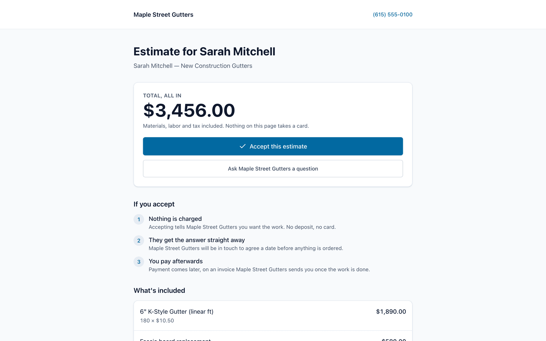What the homeowner sees: a public estimate page with the total and an Accept button