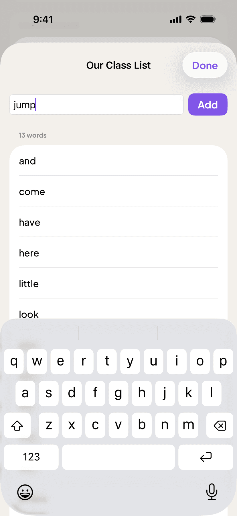 Deck editor for "Our Class List": 13 words already in, "jump" being typed into the Add field