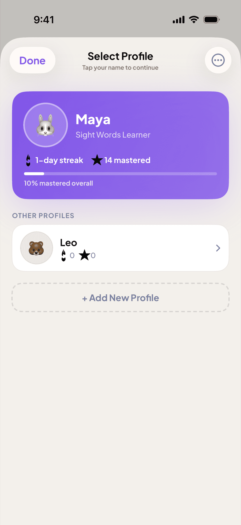 Profile picker: Maya (active) and Leo